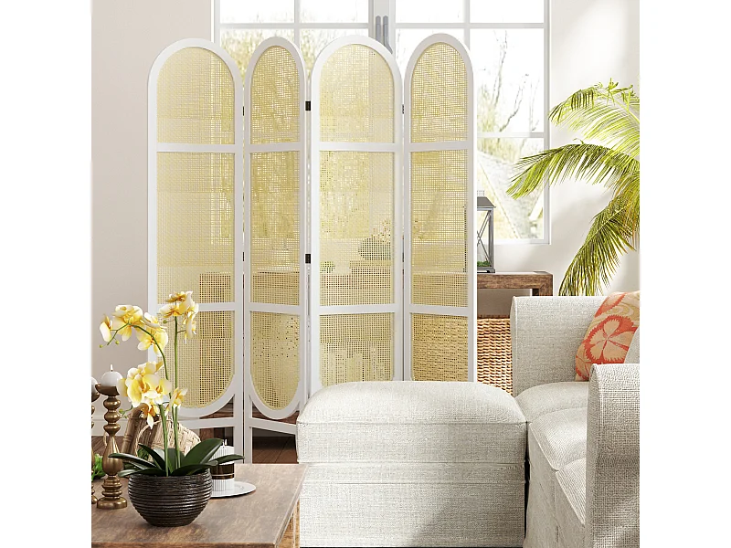 Paravent interieur pliable 4 panneaux 160 x 170 cm séparateur de pièce résine tressée effet rotin bois blanc