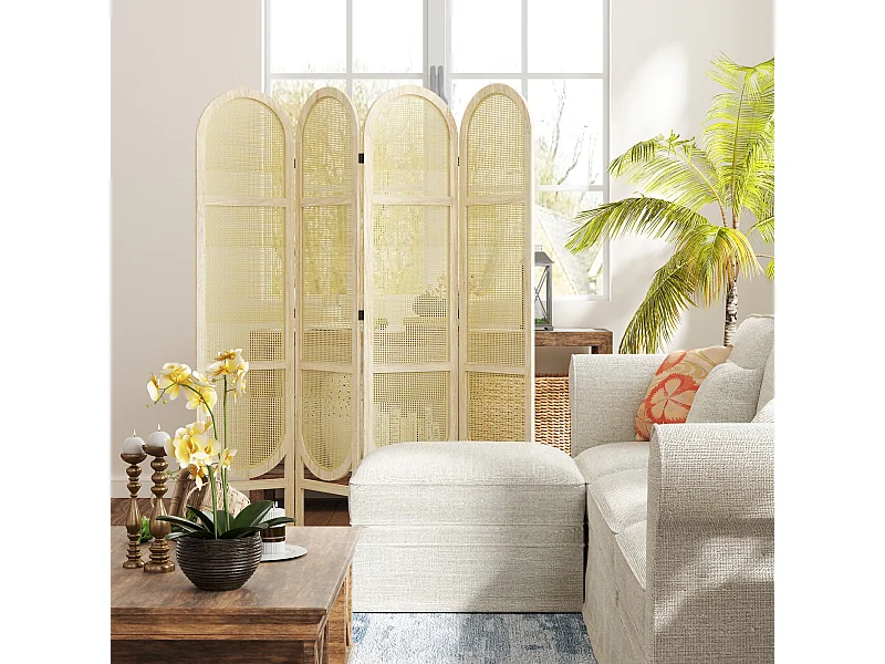 Paravent interieur pliable 4 panneaux 160 x 170 cm séparateur de pièce résine tressée effet rotin bois naturel