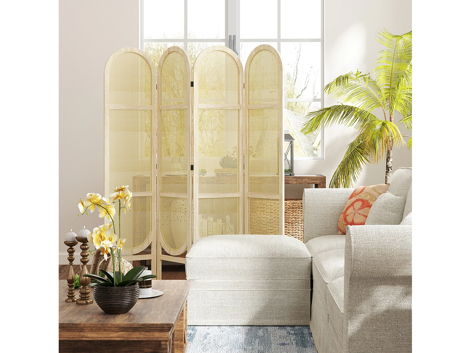 Paravent interieur pliable 4 panneaux 160 x 170 cm séparateur de pièce résine tressée effet rotin bois naturel