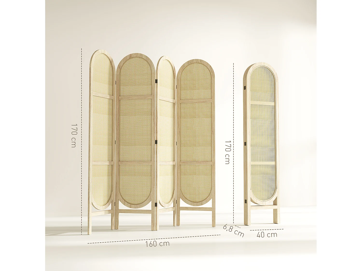 Paravent interieur pliable 4 panneaux 160 x 170 cm séparateur de pièce résine tressée effet rotin bois naturel