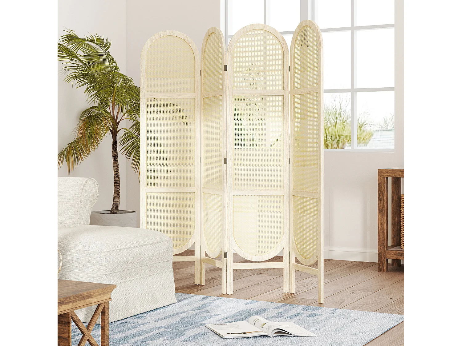 Paravent interieur pliable 4 panneaux 160 x 170 cm séparateur de pièce résine tressée effet rotin bois naturel