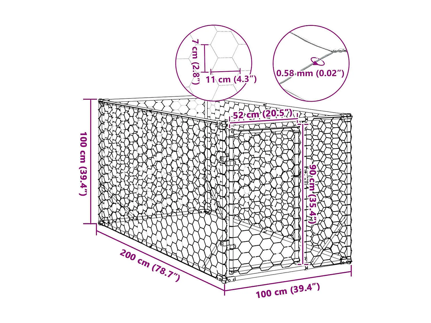 Niche d'extérieur pour chien avec porte, 2 x 1 x 1 m, acier galvanisé