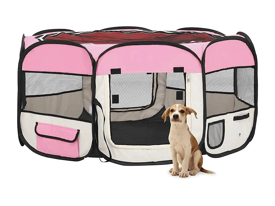 Parc pliable pour chien avec sac de transport Rose 145x145x61cm