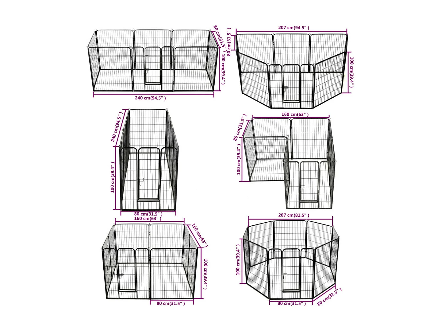 Parc pour chiens 8 panneaux Acier 80 x 100 cm Noir