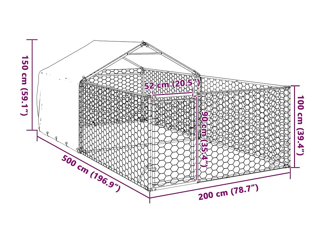 Niche d'extérieur pour chien enclos 5x2x1,5 m acier galvanisé