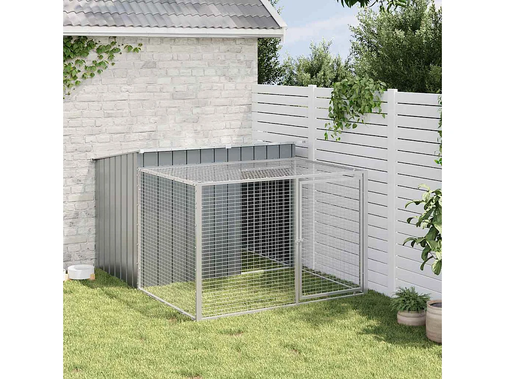 Caseta para perro con corral antracita 153x194x110 cm acero galvanizado