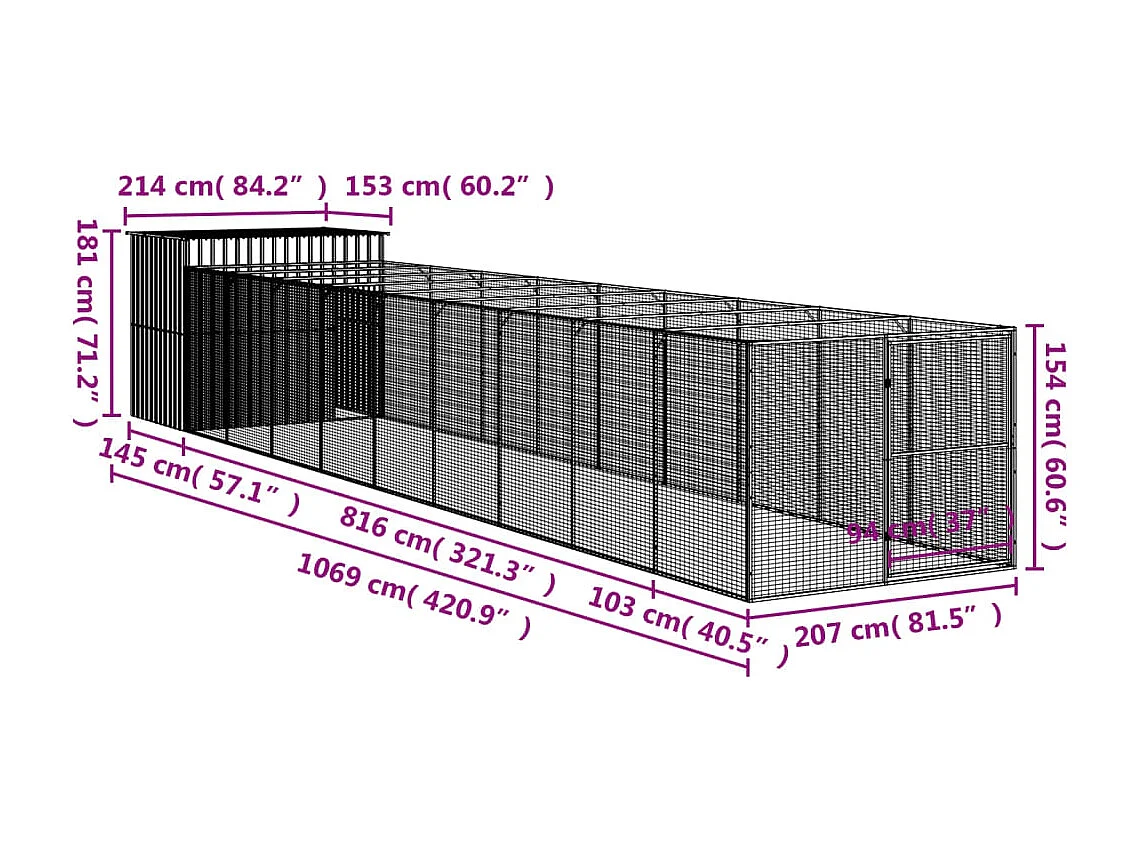 Niche pour chien avec cour anthracite 214x1069x181 cm