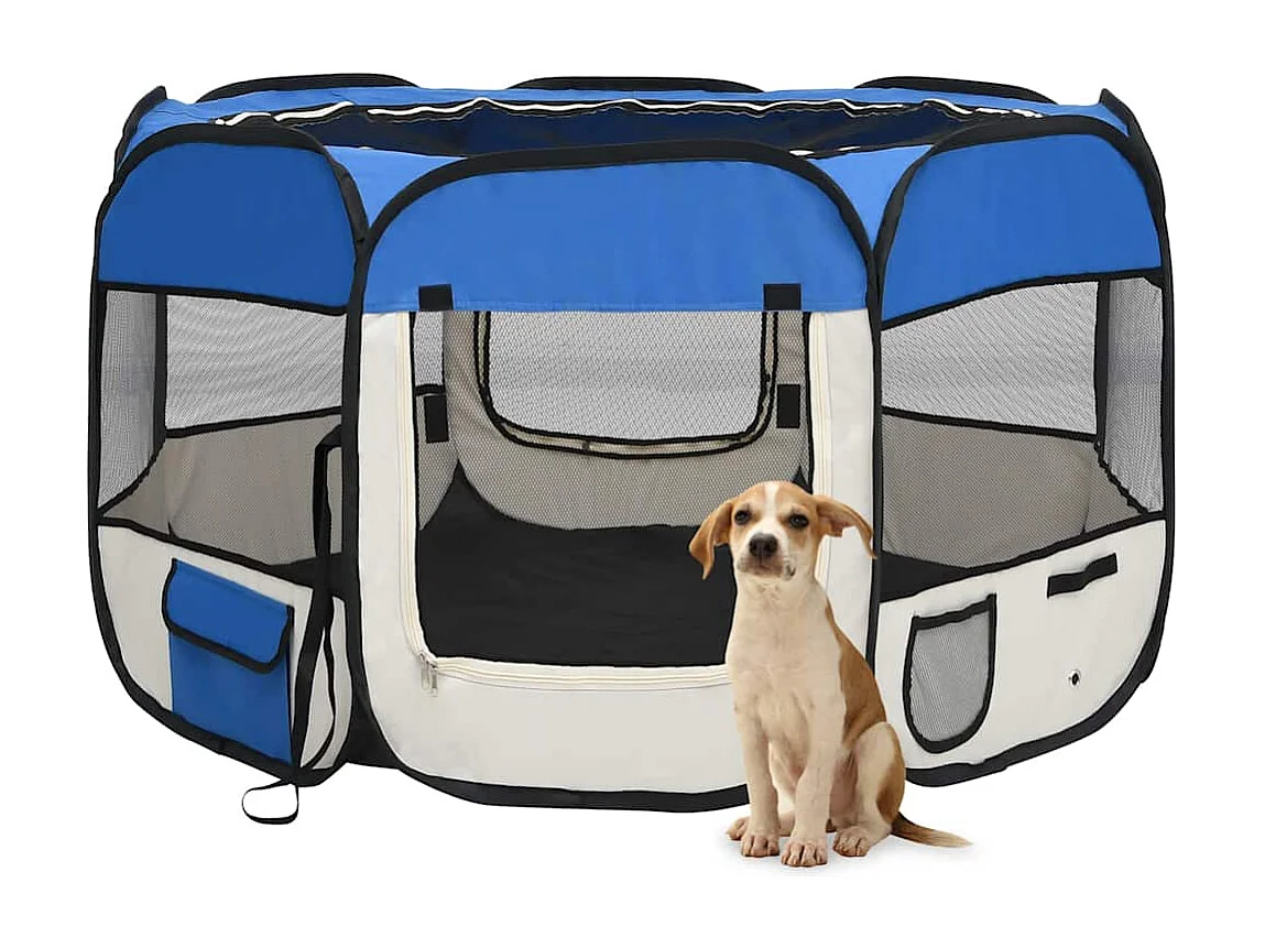 Parc pliable pour chien avec sac de transport Bleu 110x110x58cm