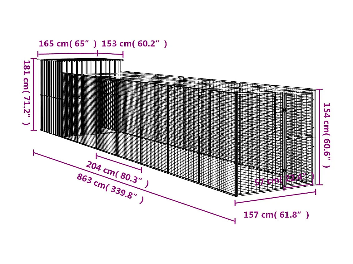 Caseta perros con corral acero galvanizado gris 165x863x181 cm
