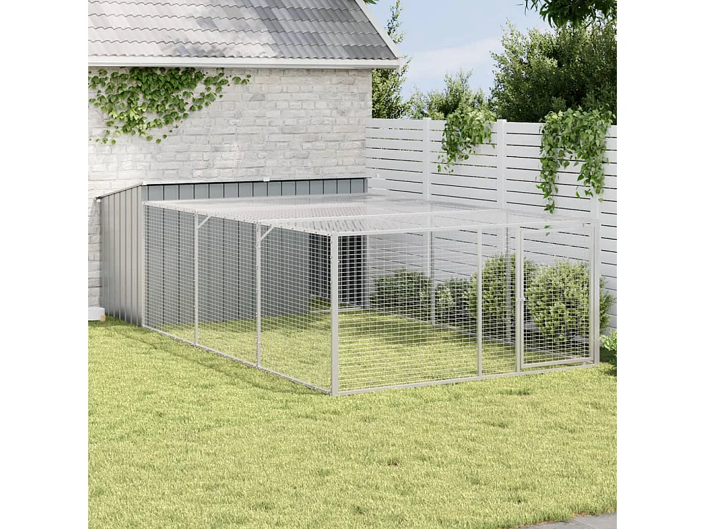Caseta para perro con corral antracita 197x396x110 cm acero galvanizado