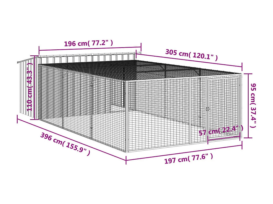 Caseta para perro con corral antracita 197x396x110 cm acero galvanizado