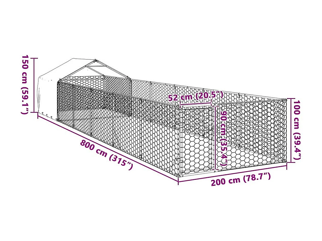Niche d'extérieur pour chien enclos 8x2x1,5 m acier galvanisé