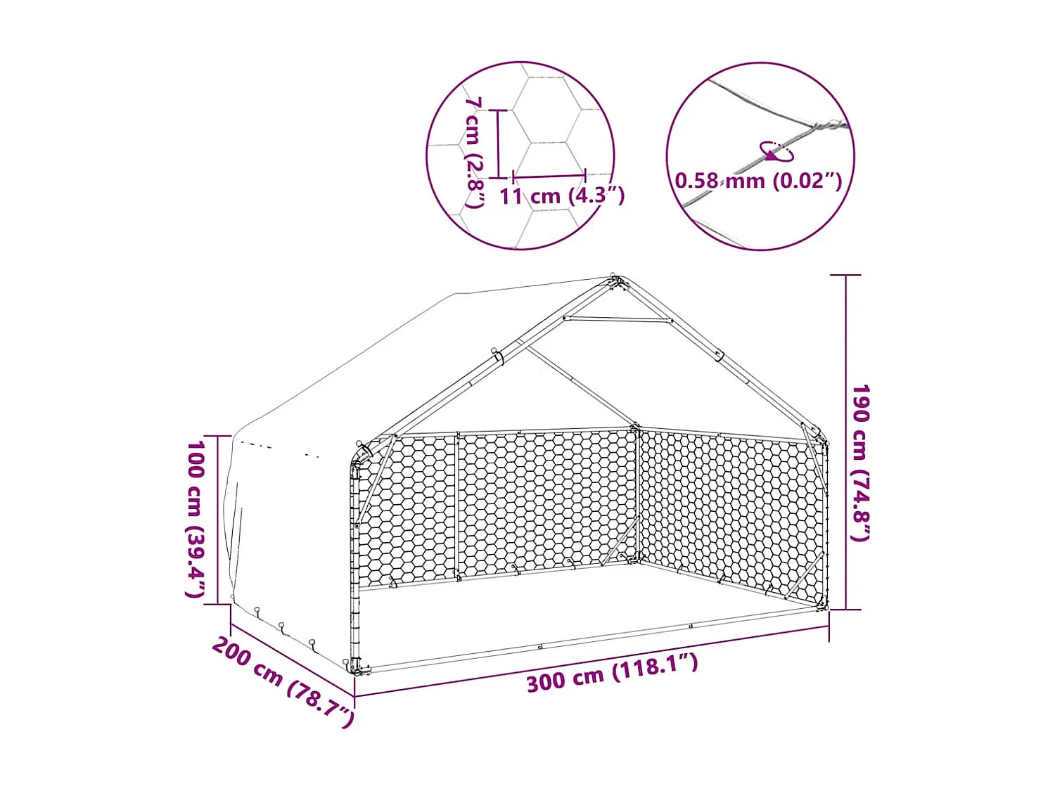 Niche d'extérieur pour chien avec couvercle, 3 x 2 x 1,9 m, acier galvanisé