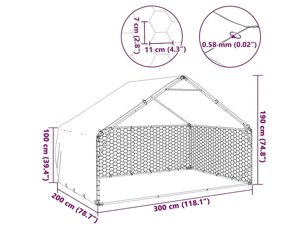 Caseta para perros de exterior con cubierta 3x2x1,9 m de acero galvanizado