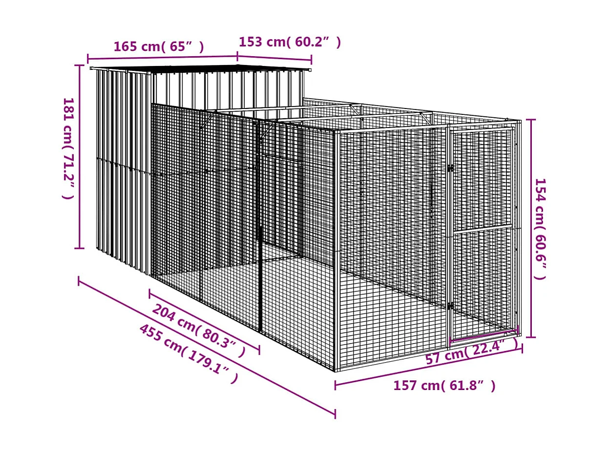 Caseta de perros con corral acero galvanizado 165x455x181 cm
