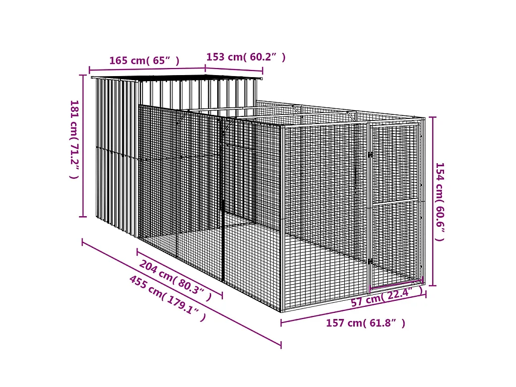 Caseta de perros con corral acero galvanizado 165x455x181 cm