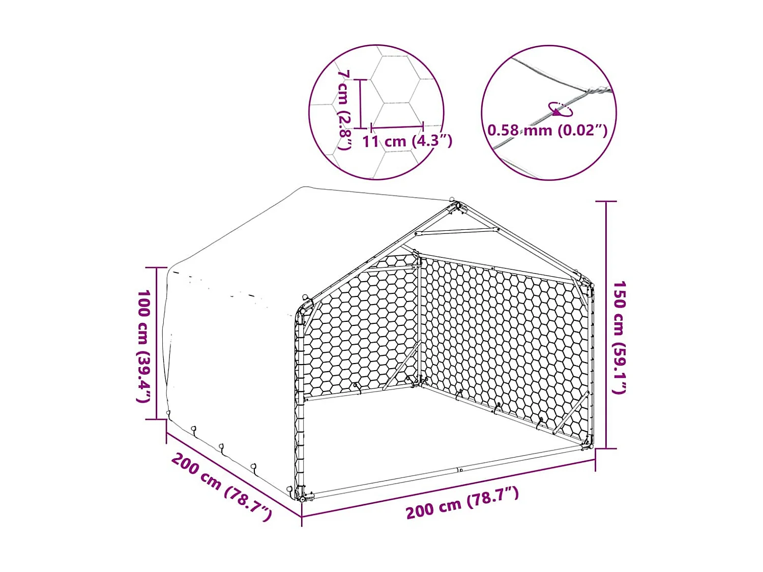 Niche d'extérieur pour chien avec couvercle 2 x 2 x 1,5 m en acier galvanisé