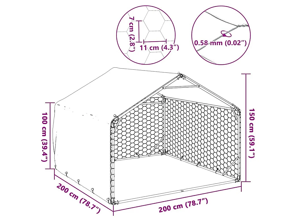 Caseta para perros de exterior con cubierta 2x2x1,5 m de acero galvanizado