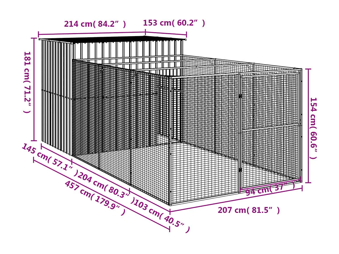 Niche pour chien avec cour anthracite 214x457x181 cm