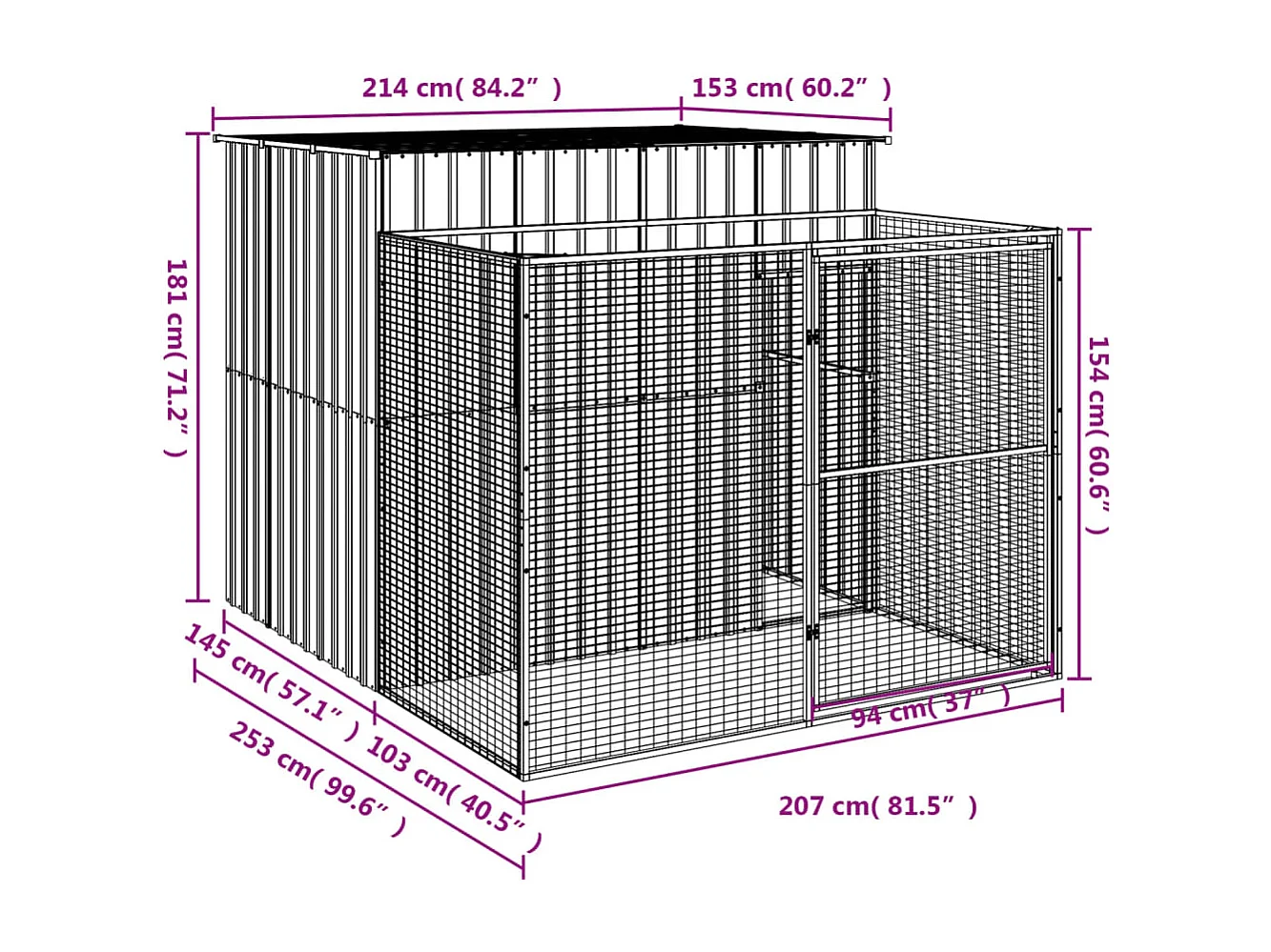 Niche pour chien avec cour anthracite 214x253x181 cm