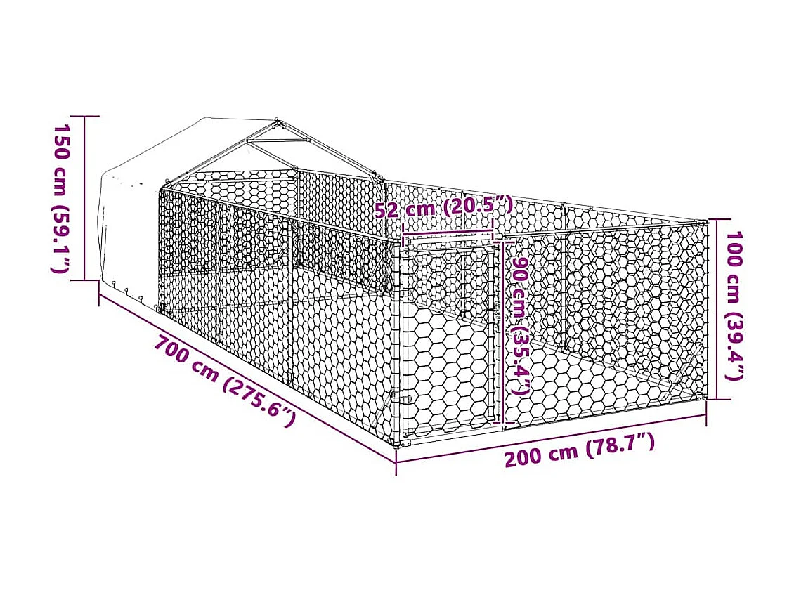 Niche d'extérieur pour chien enclos 7x2x1,5 m acier galvanisé