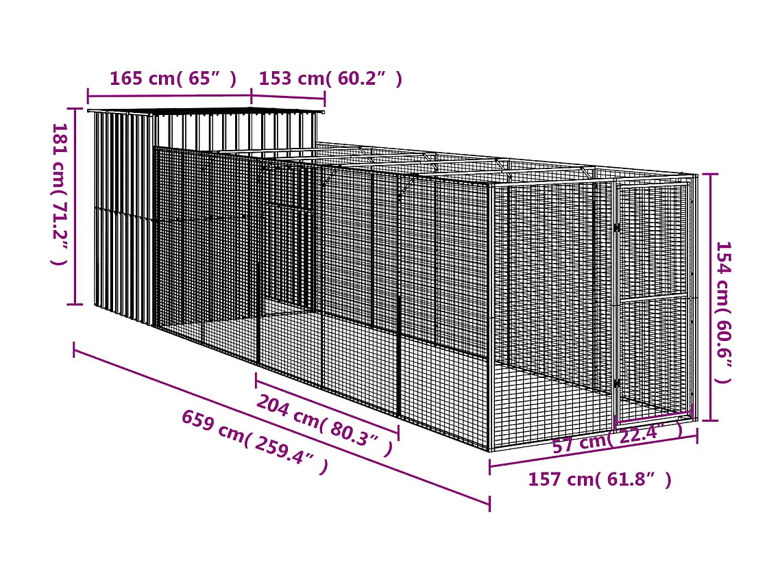 Caseta perros con corral acero galvanizado gris 165x659x181 cm
