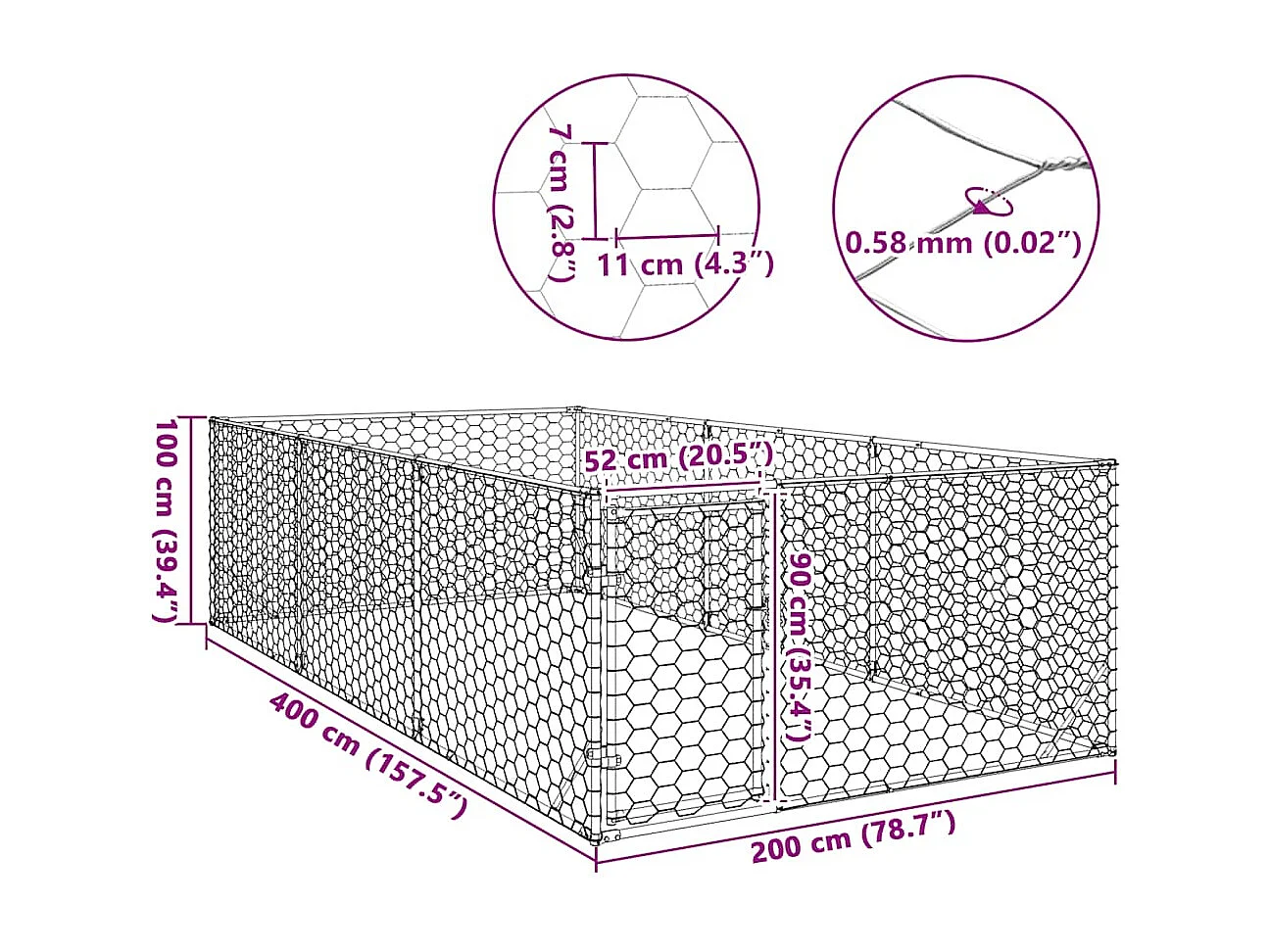 Niche d'extérieur pour chien avec porte, 2 x 4 x 1 m, acier galvanisé