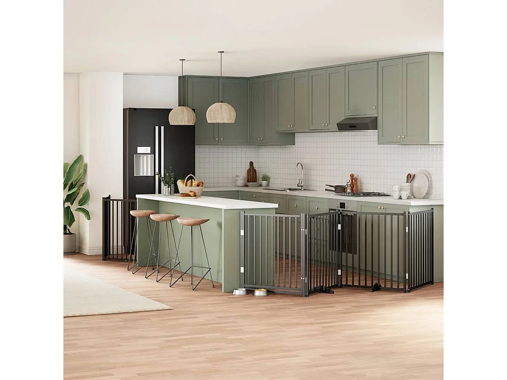 Puerta para perros plegable 6 paneles madera álamo negra 480 cm