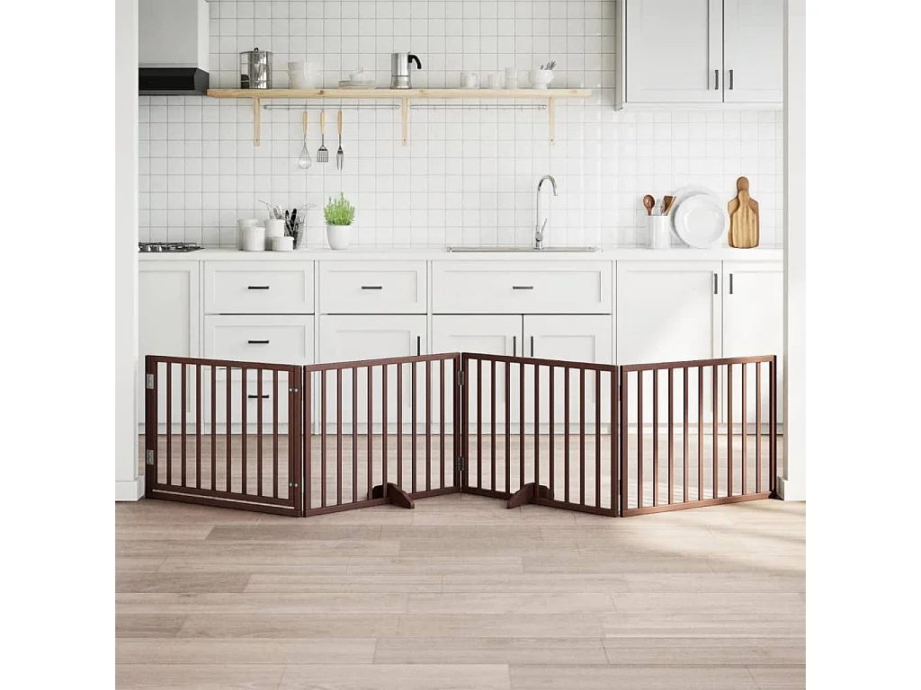 Puerta para perros con puerta plegable de 4 paneles marrón 320 cm madera de álamo