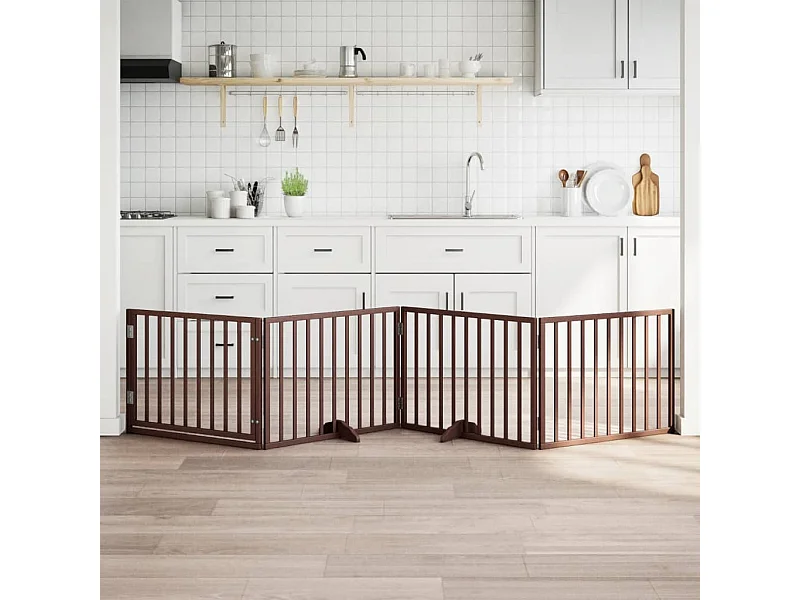 Puerta para perros con puerta plegable de 4 paneles marrón 320 cm madera de álamo