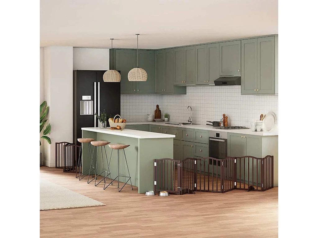 Puerta de perros plegable 9 paneles madera álamo marrón 450 cm