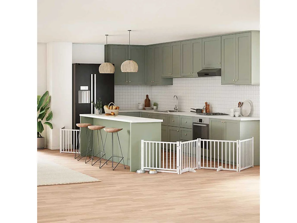 Puerta de perros plegable 6 paneles madera álamo blanca 480 cm