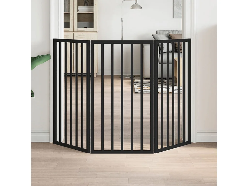 Puerta para perros plegable 3 paneles madera álamo negra 150 cm