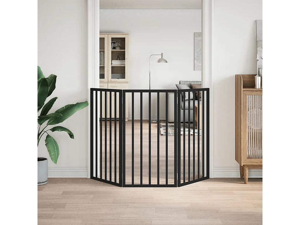 Puerta para perros plegable 3 paneles madera álamo negra 150 cm