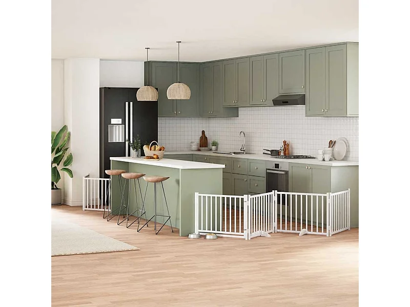 Puerta de perros plegable 8 paneles madera álamo blanca 640 cm