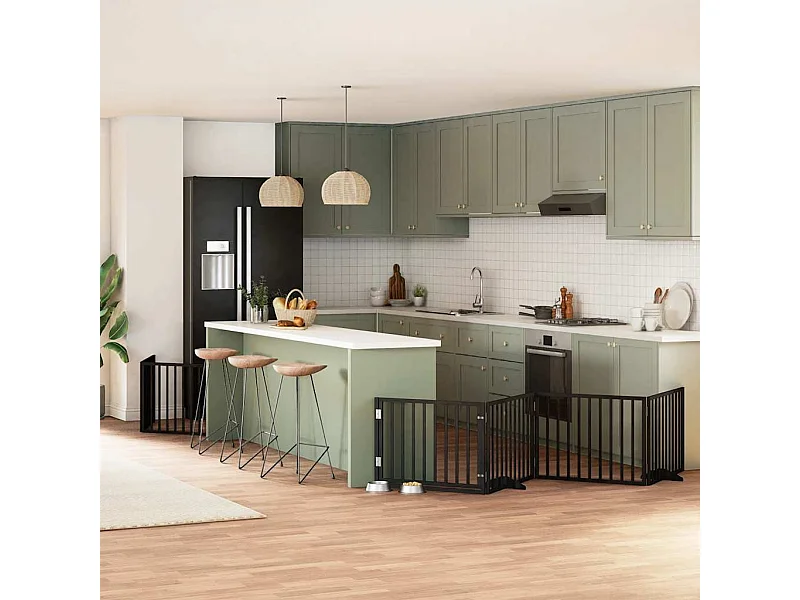 Puerta para perros plegable 6 paneles madera álamo negra 480 cm