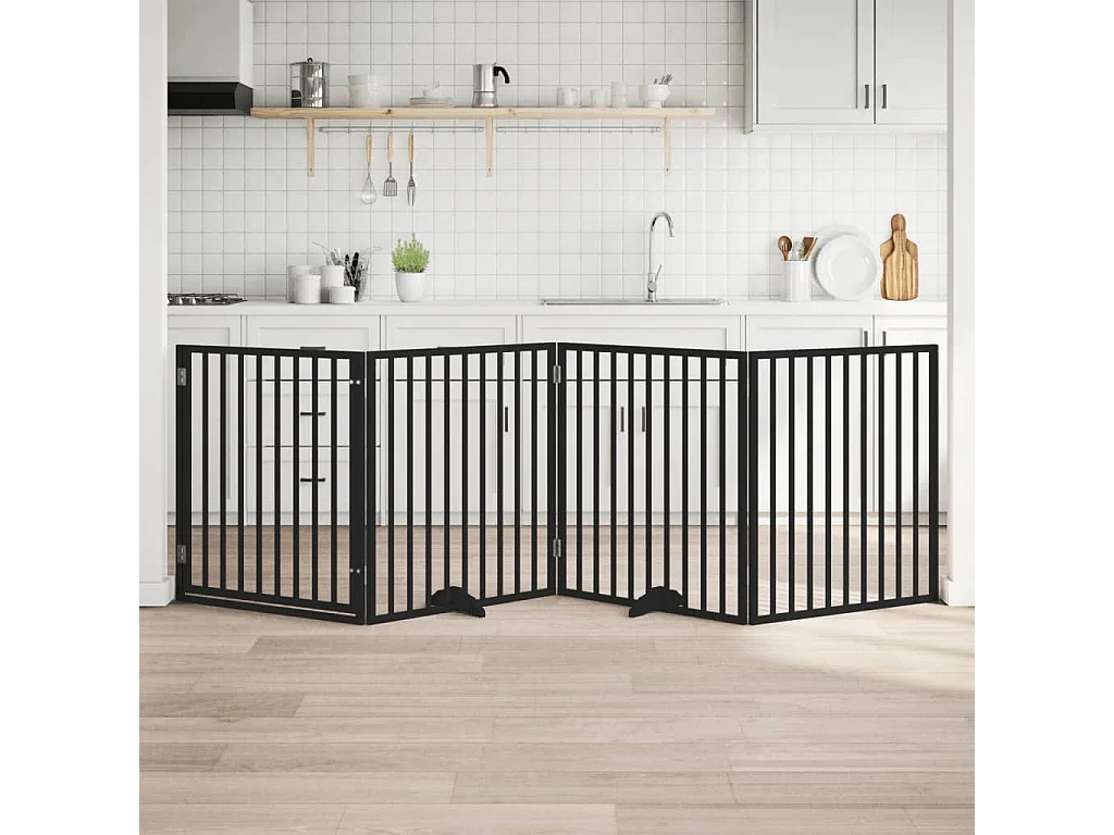 Barrière pour chiens et porte 4 panneaux noir bois de peuplier