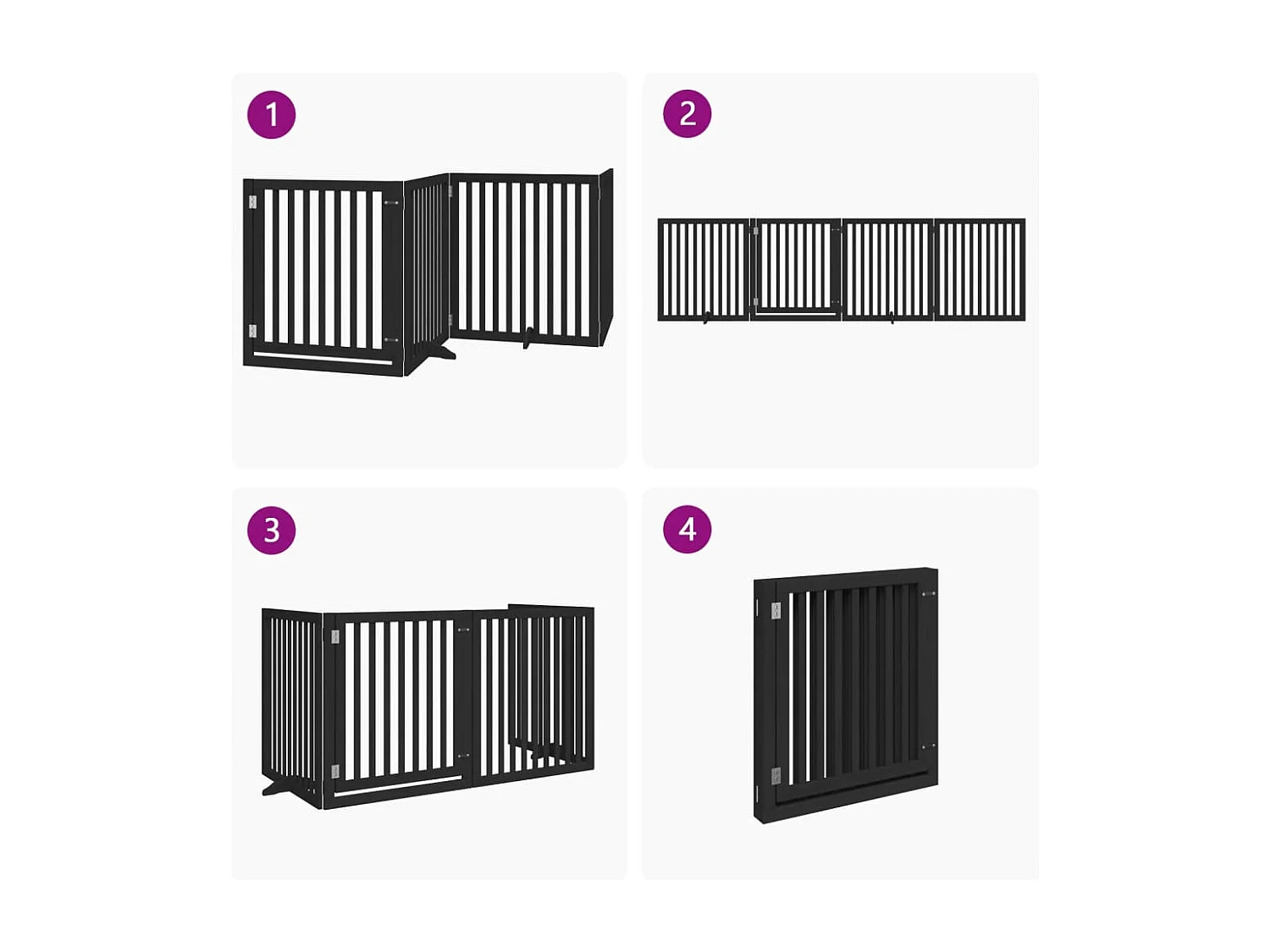 Barrière pour chiens et porte 4 panneaux noir bois de peuplier