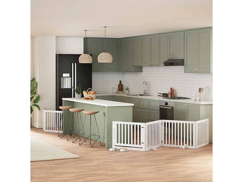 Puerta de perros plegable 8 paneles madera álamo blanca 640 cm