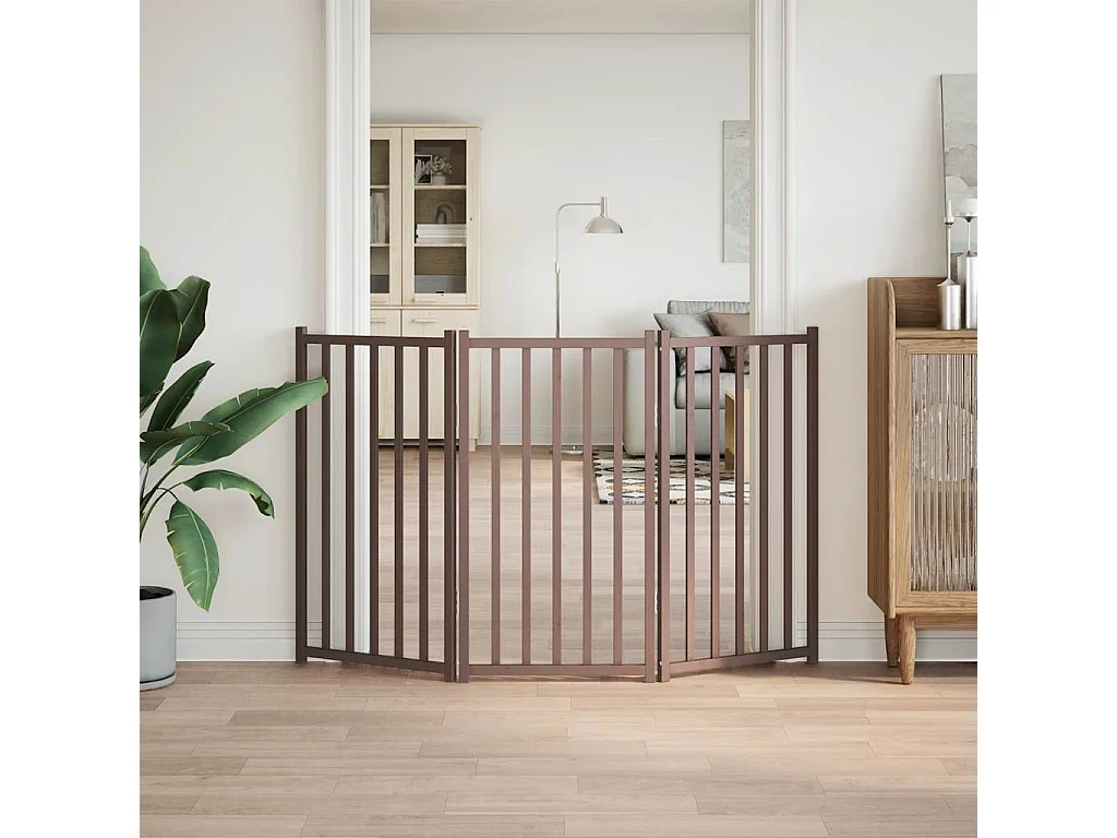 Portão para cães dobrável 3 painéis 150cm abeto carvalho castanho