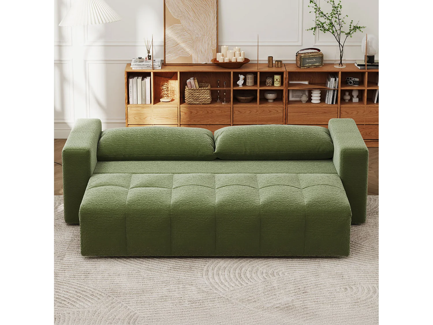 Canapé convertible 3 places avec coffre en bouclette vert CANTERBURY