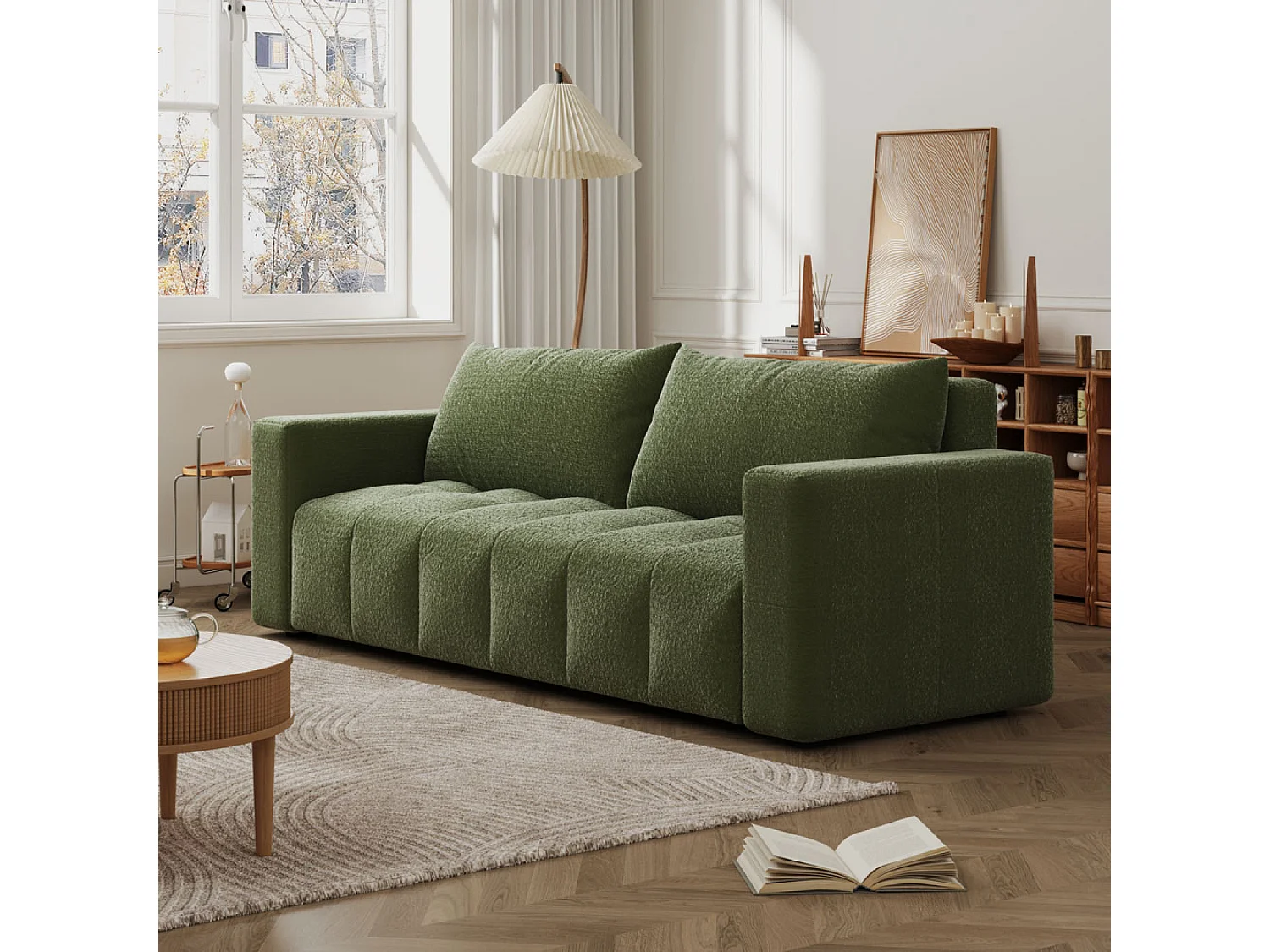 Canapé convertible 3 places avec coffre en bouclette vert CANTERBURY