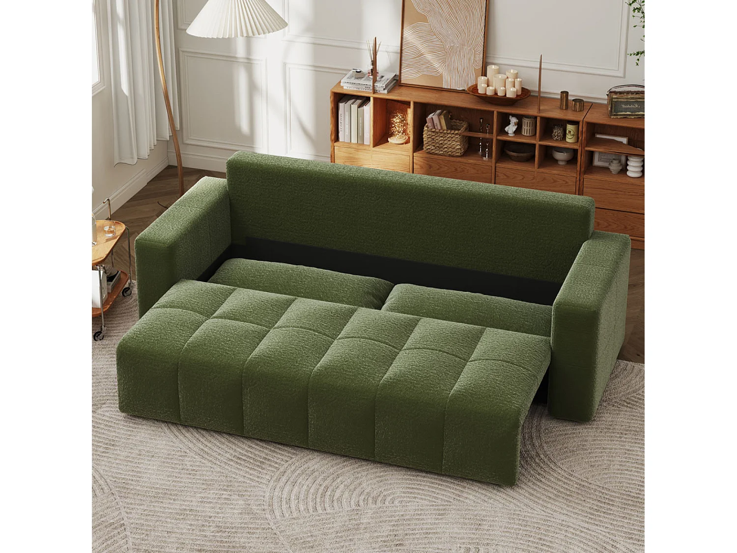 Canapé convertible 3 places avec coffre en bouclette vert CANTERBURY