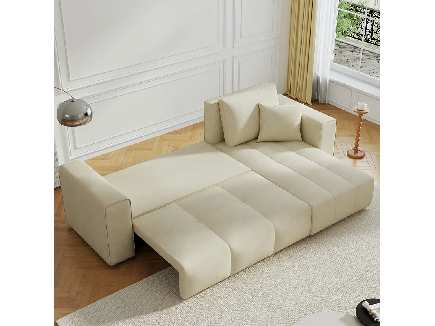 Canapé d'angle convertible 4 places avec coffre en velours beige BRIGHTON