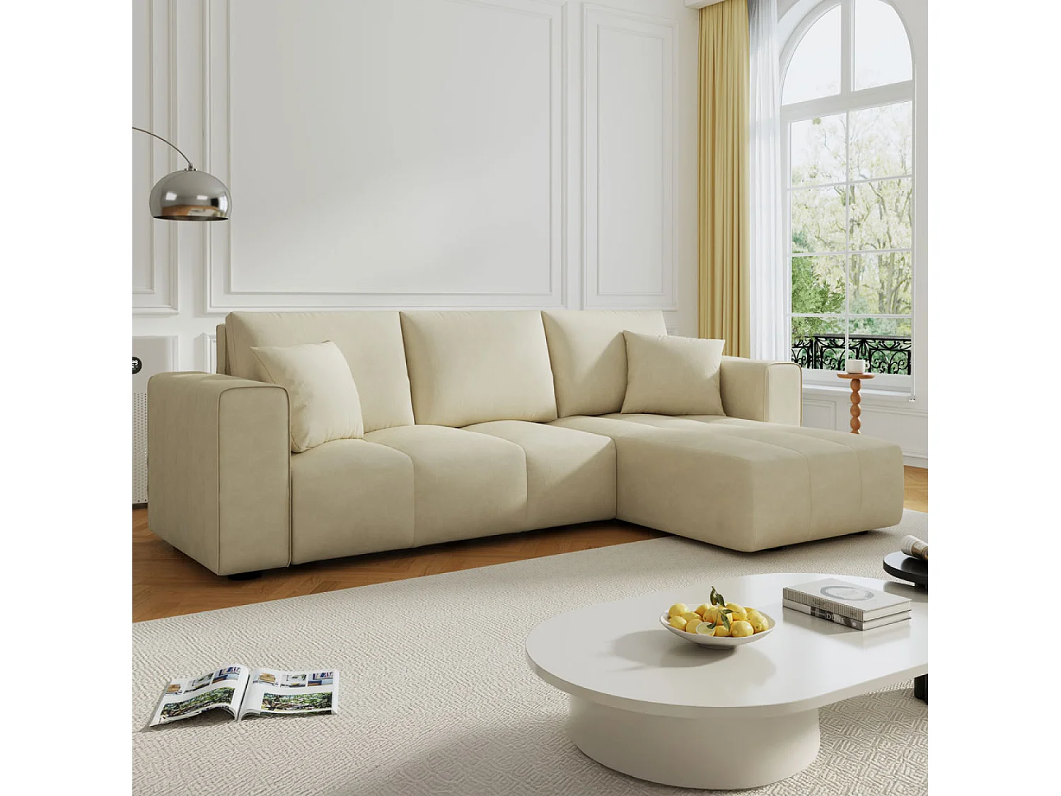 Canapé d'angle convertible 4 places avec coffre en velours beige BRIGHTON