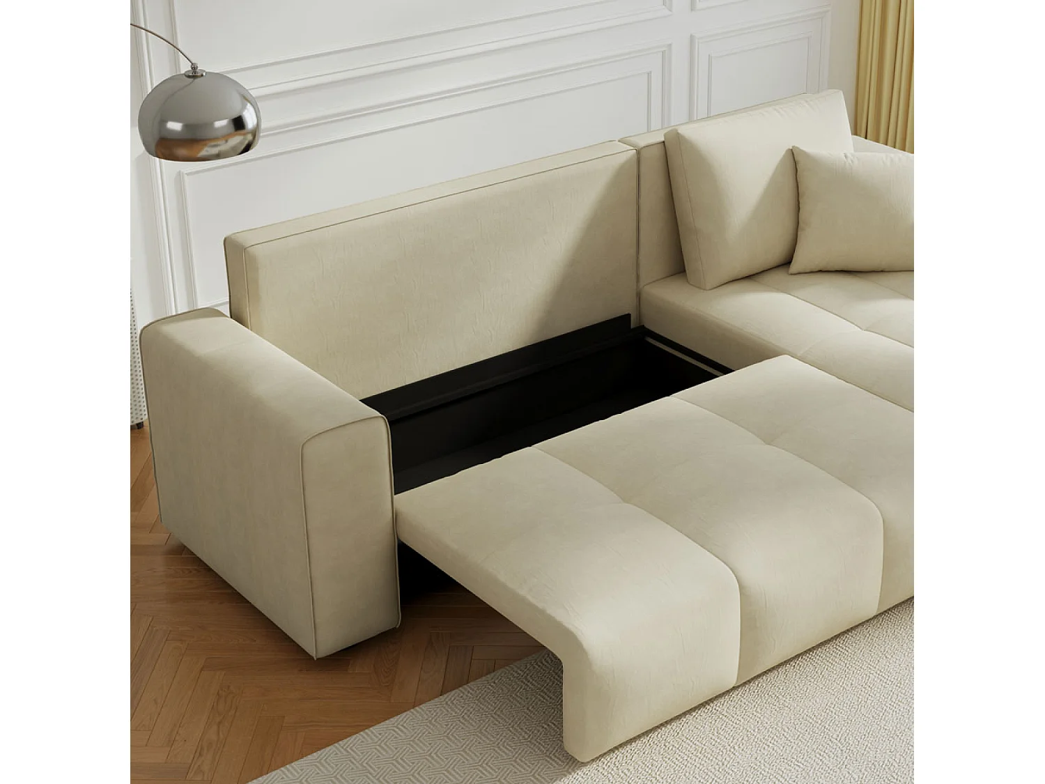 Canapé d'angle convertible 4 places avec coffre en velours beige BRIGHTON