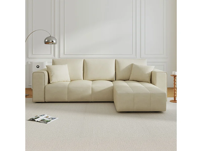 Canapé d'angle convertible 4 places avec coffre en velours beige BRIGHTON