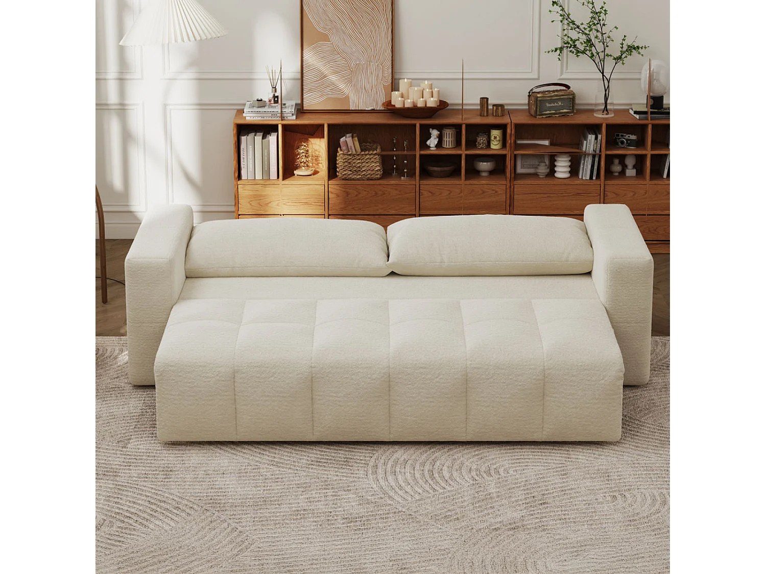 Canapé convertible 3 places avec coffre en bouclette beige CANTERBURY