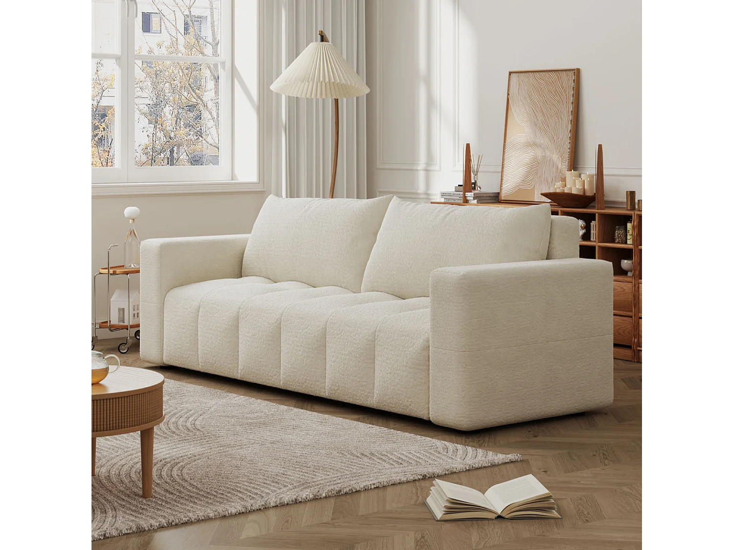 Canapé convertible 3 places avec coffre en bouclette beige CANTERBURY