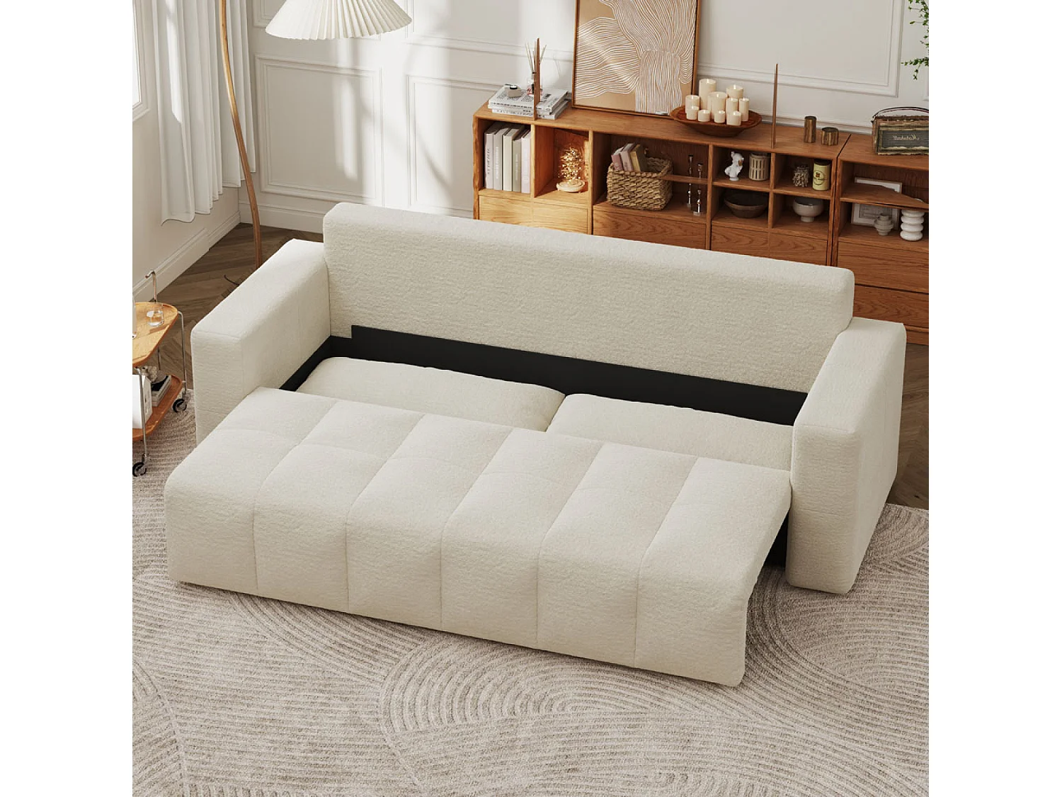 Canapé convertible 3 places avec coffre en bouclette beige CANTERBURY